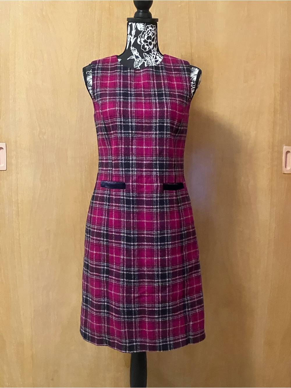 Hobbs London Sleeveless Pink Plaid Midi Shift Dress